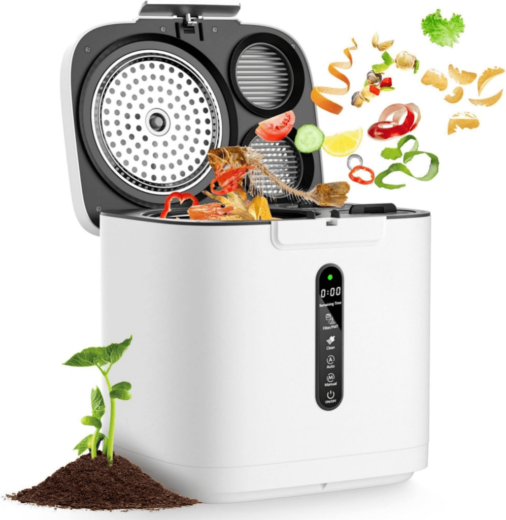 4L electric smart composter with an LED display, odorless auto-cleaning system, and compact design for indoor and outdoor use.