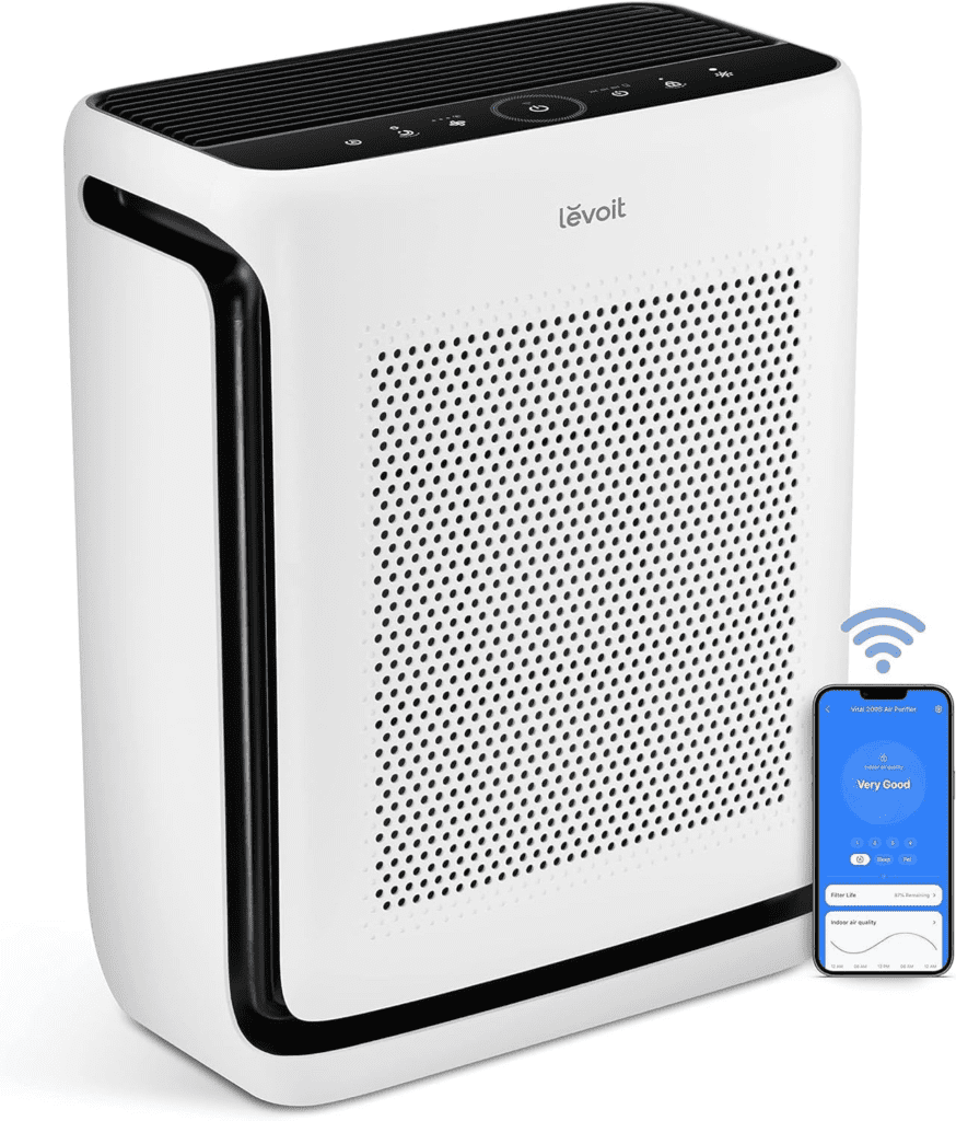 LEVOIT Air Purifier 200S-P in white, featuring a sleek design, smart WiFi control, and HEPA filtration for cleaner air.