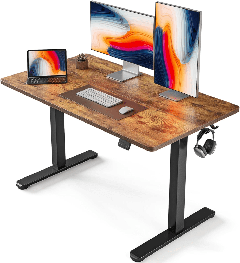 FEZIBO height-adjustable electric standing desk in vintage brown, designed for home office productivity and ergonomic comfort.
