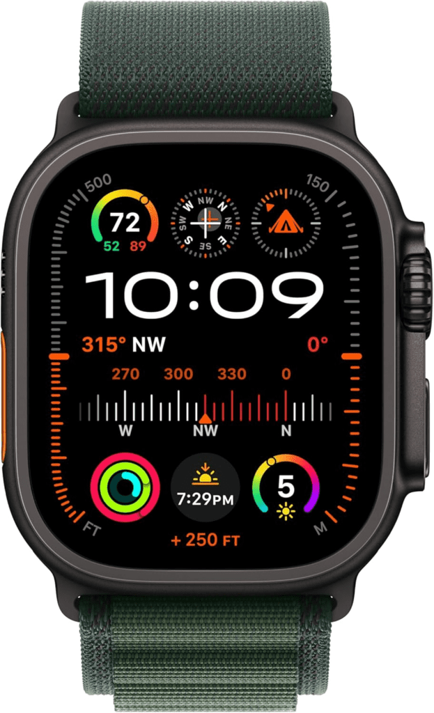 Apple Watch Ultra 2 with GPS and cellular, featuring a black titanium case and dark green Alpine Loop band for fitness tracking and precision GPS.