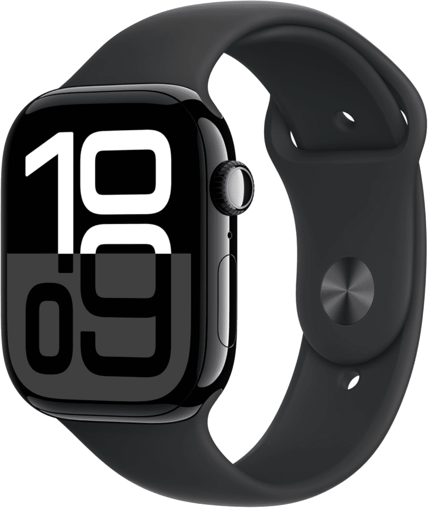 Apple Watch Series 10 with Jet Black Aluminum Case and Black Sport Band, featuring an Always-On Retina Display, ECG app, and water resistance.