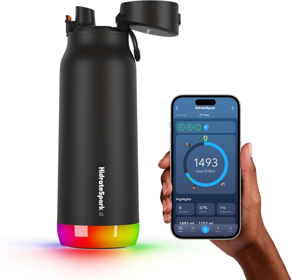 HidrateSpark PRO smart water bottle with chug lid, tracking water intake and glowing as a hydration reminder, compatible with Apple Health & Fitbit.
