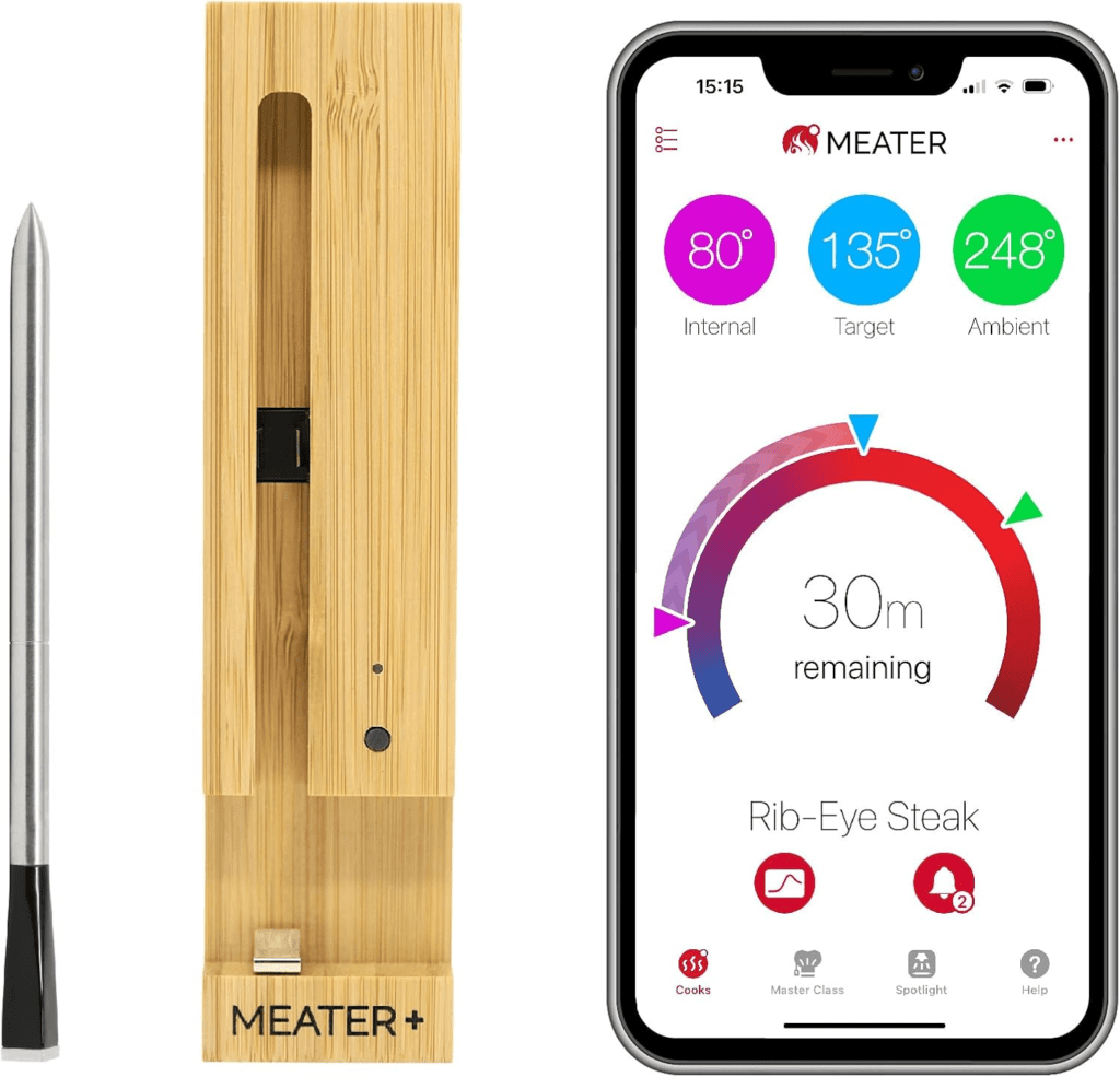 MEATER Plus wireless Bluetooth meat thermometer for precision cooking, perfect for grilling, roasting, and air frying.
