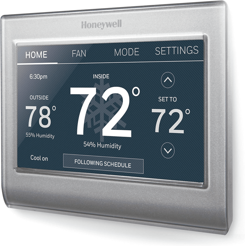 Honeywell Wi-Fi smart thermostat with touchscreen display, Alexa compatibility, and programmable scheduling for energy savings.