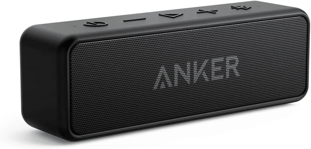 A black Anker Soundcore 2 portable Bluetooth speaker with IPX7 waterproof rating, 24-hour battery life, and enhanced bass technology.