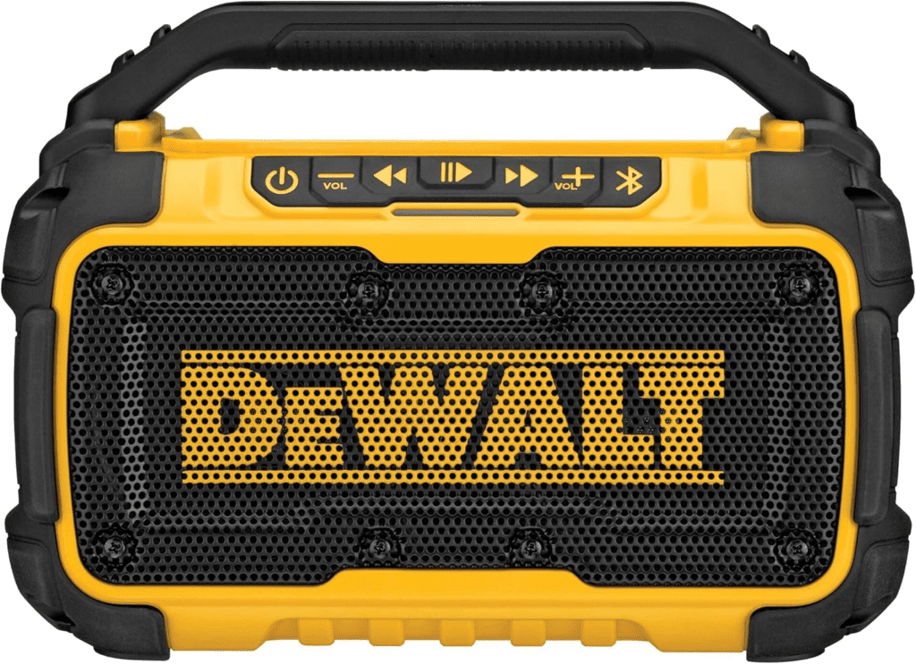 A rugged DEWALT 20V MAX Bluetooth speaker designed for job sites, featuring a durable build, deep bass, and a 100-ft Bluetooth range.