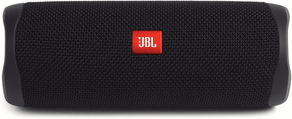 A compact black JBL FLIP 5 speaker with deep bass, waterproof design, and a 12-hour battery life, perfect for travel and outdoor adventures.