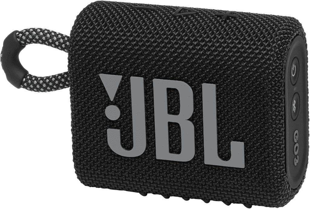 A compact and portable JBL GO 3 Bluetooth speaker with IP67 waterproof and dustproof design, featuring a built-in loop for easy carrying.