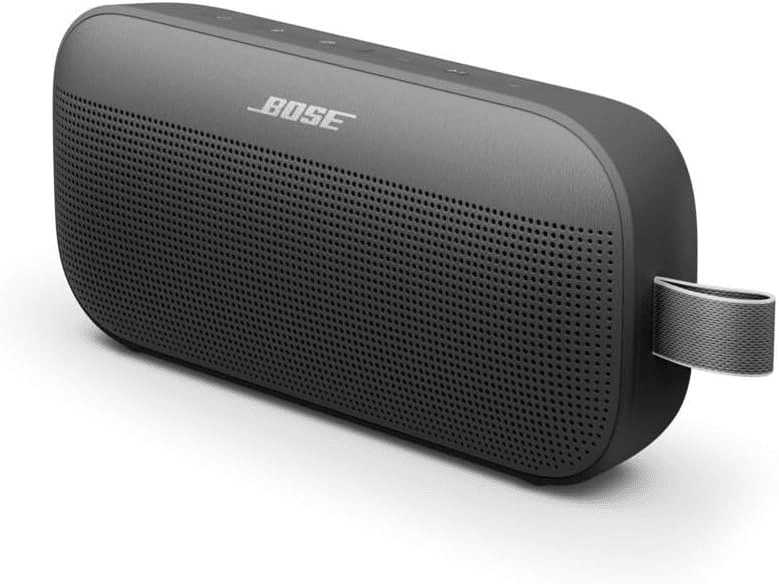 A sleek black Bose SoundLink Flex Bluetooth speaker with high-fidelity sound, 12-hour battery life, and a durable, waterproof build.