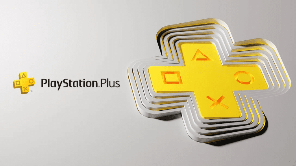 PlayStation Plus logo with a yellow layered cross design featuring PlayStation controller symbols on a gray background.