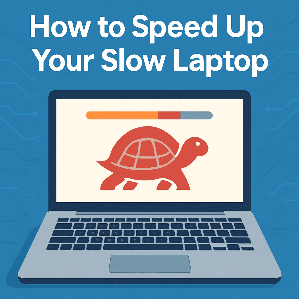 A laptop with a turtle icon and a slow-loading progress bar on the screen, symbolizing sluggish performance, set against a tech-inspired blue background.
