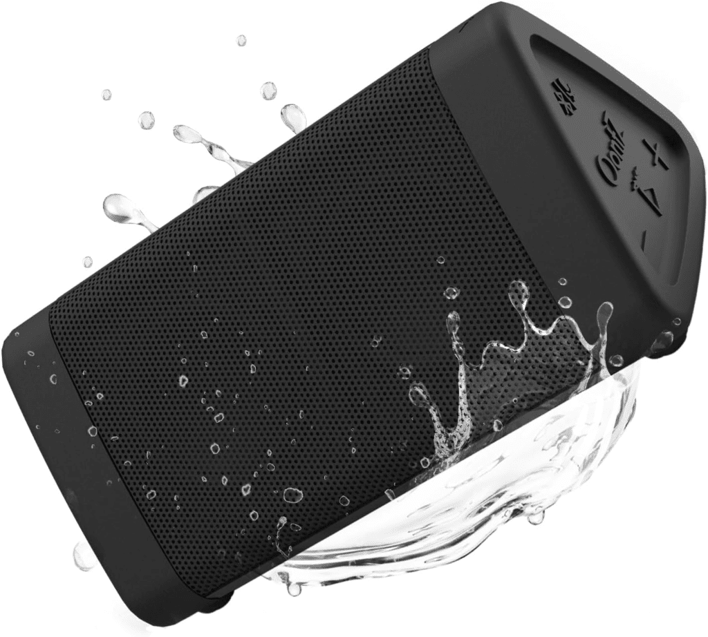 A black, triangular OontZ Angle 3 Bluetooth speaker with an IPX5 water-resistant design, 24-hour battery life, and 100-ft wireless range.