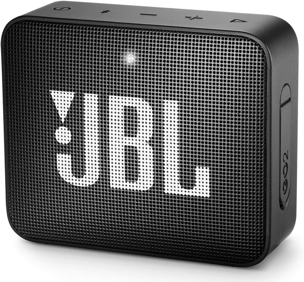A compact JBL GO 2 Bluetooth speaker in black with IPX7 waterproofing, crisp sound, and a built-in speakerphone for hands-free calls.