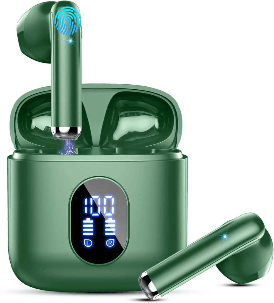 A pair of sleek green Bluetooth wireless earbuds with ENC noise cancellation, a compact charging case, and an LED display.