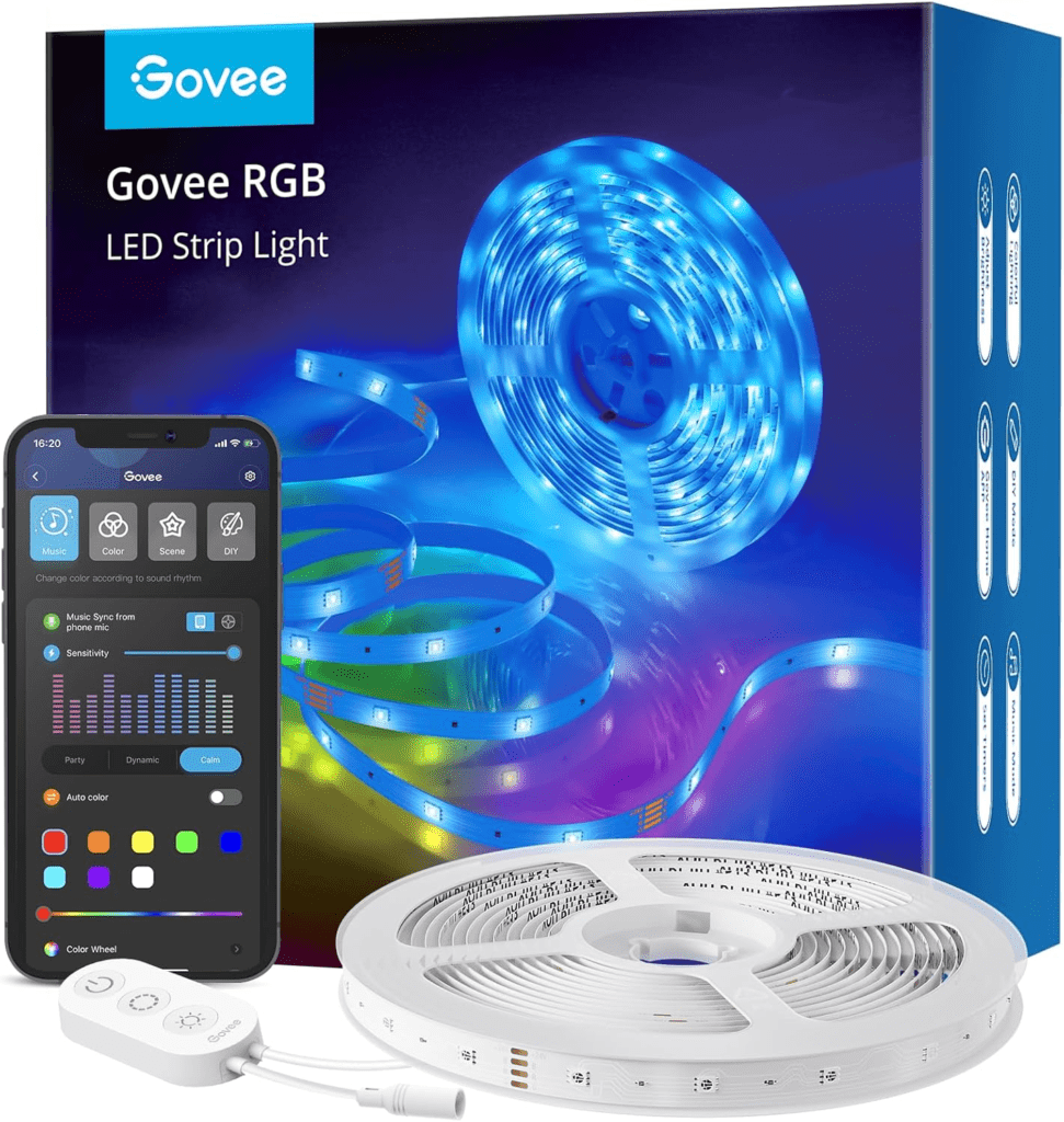 A 16.4ft roll of WiFi-enabled LED strip lights, capable of syncing with music and displaying millions of colors, including vibrant green.