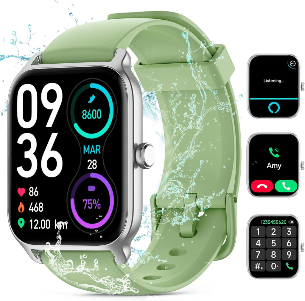A stylish green smartwatch with a 1.8-inch display, built-in Alexa, fitness tracking, Bluetooth calling, and an IP68 waterproof rating.