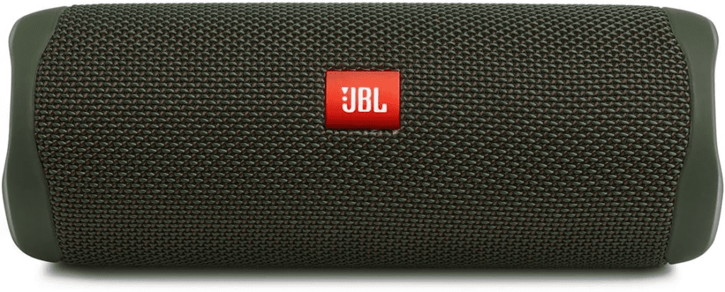 A portable green JBL FLIP 5 speaker with deep bass, a waterproof design, and 12-hour battery life for outdoor parties.