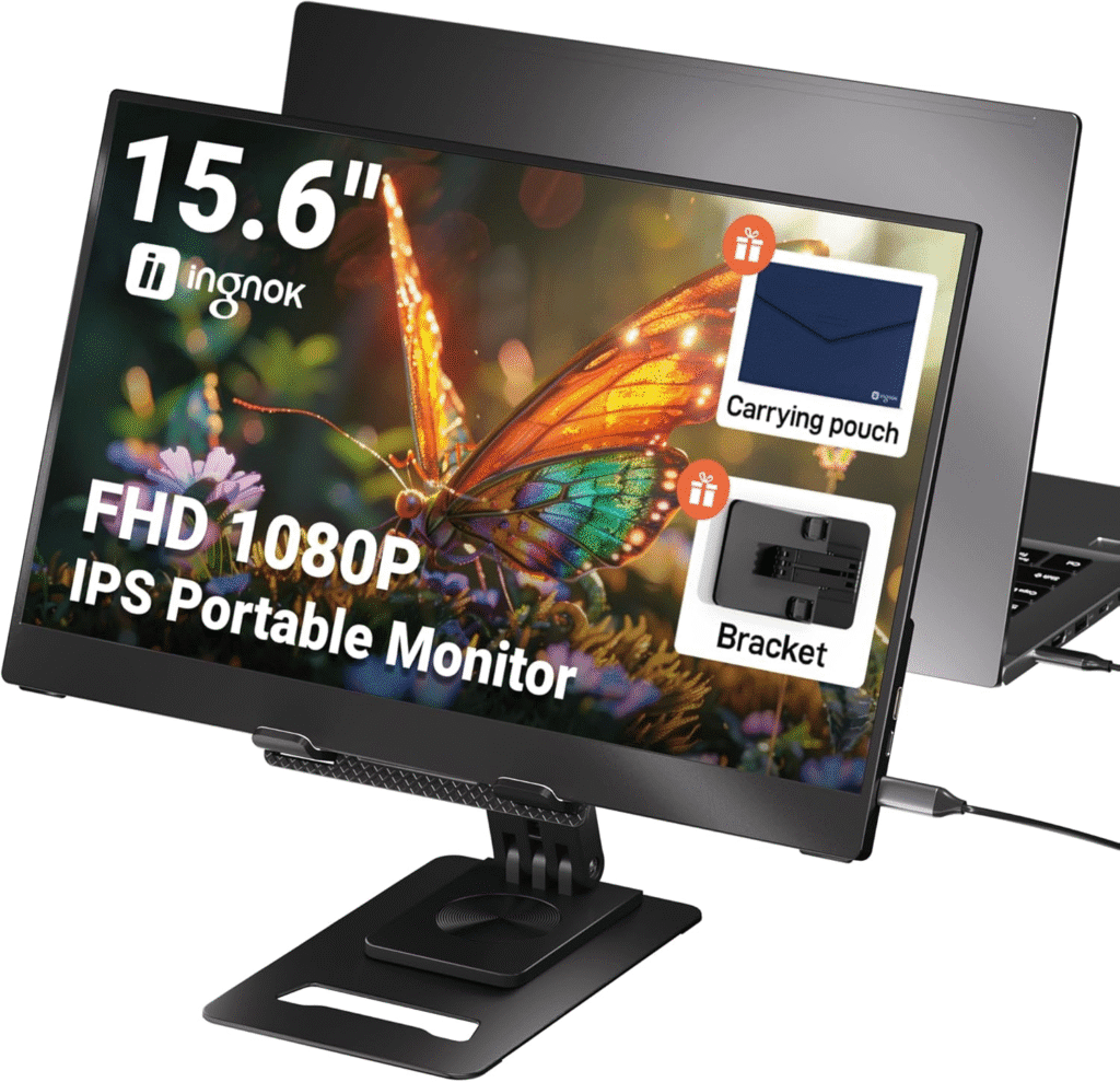 A slim portable second monitor connected to a laptop, showing a dual-screen productivity setup.