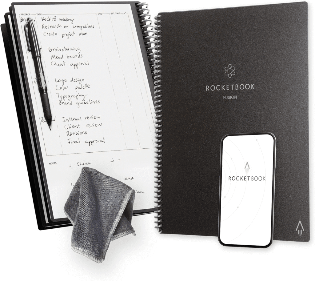 Rocketbook reusable notebook open with handwritten notes, alongside Pilot Frixion pen, ready for cloud sync.