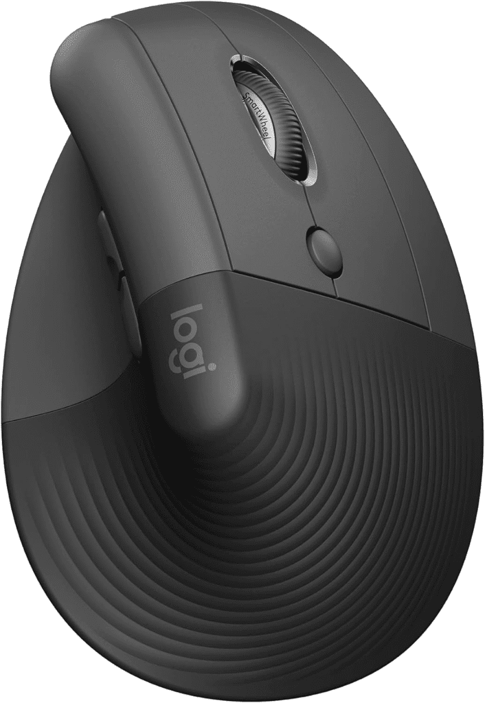 An ergonomic wireless mouse with a sculpted shape designed to reduce wrist strain during extended use.