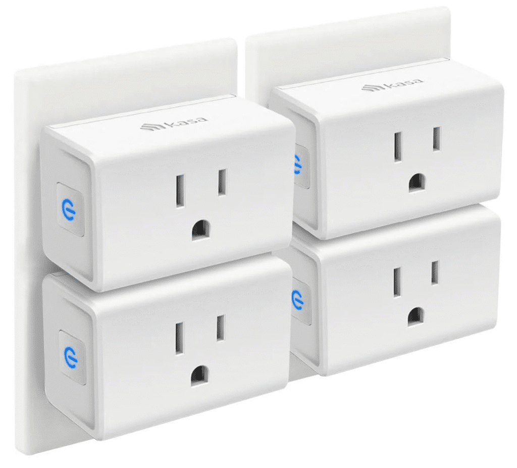 TP-Link Kasa Smart Plug Mini plugged into a wall outlet, used to control devices remotely via app or voice assistant.