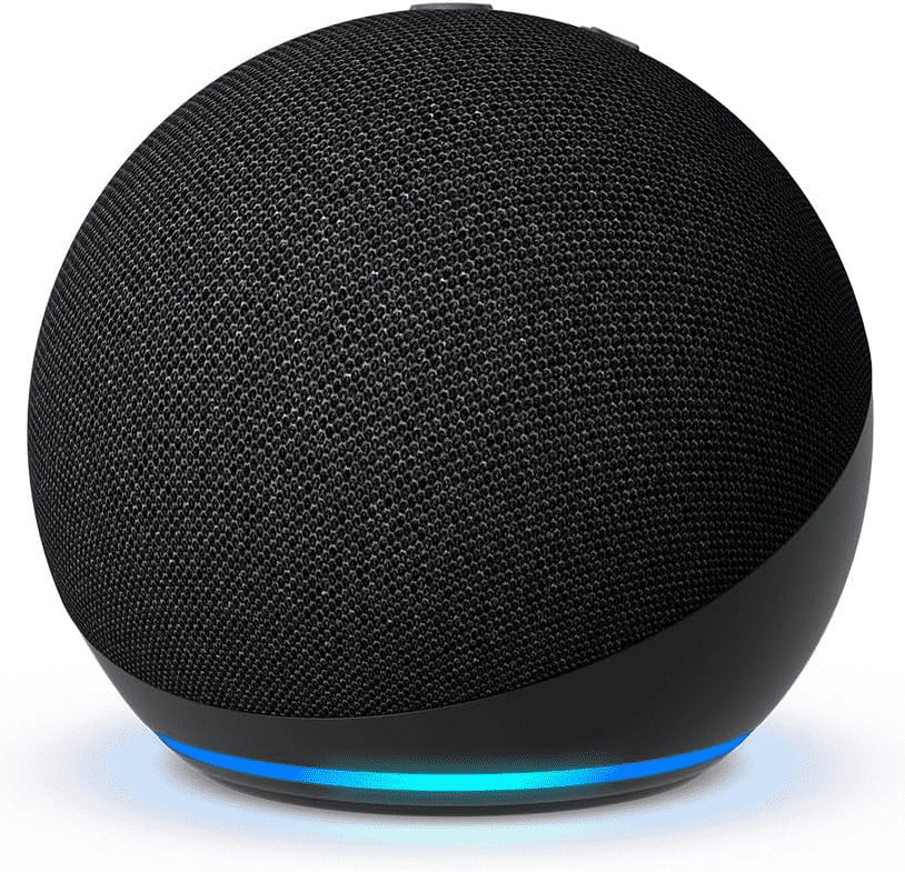 Amazon Echo Dot 5th Gen smart speaker in charcoal color, placed on a desk setup for voice-controlled productivity.