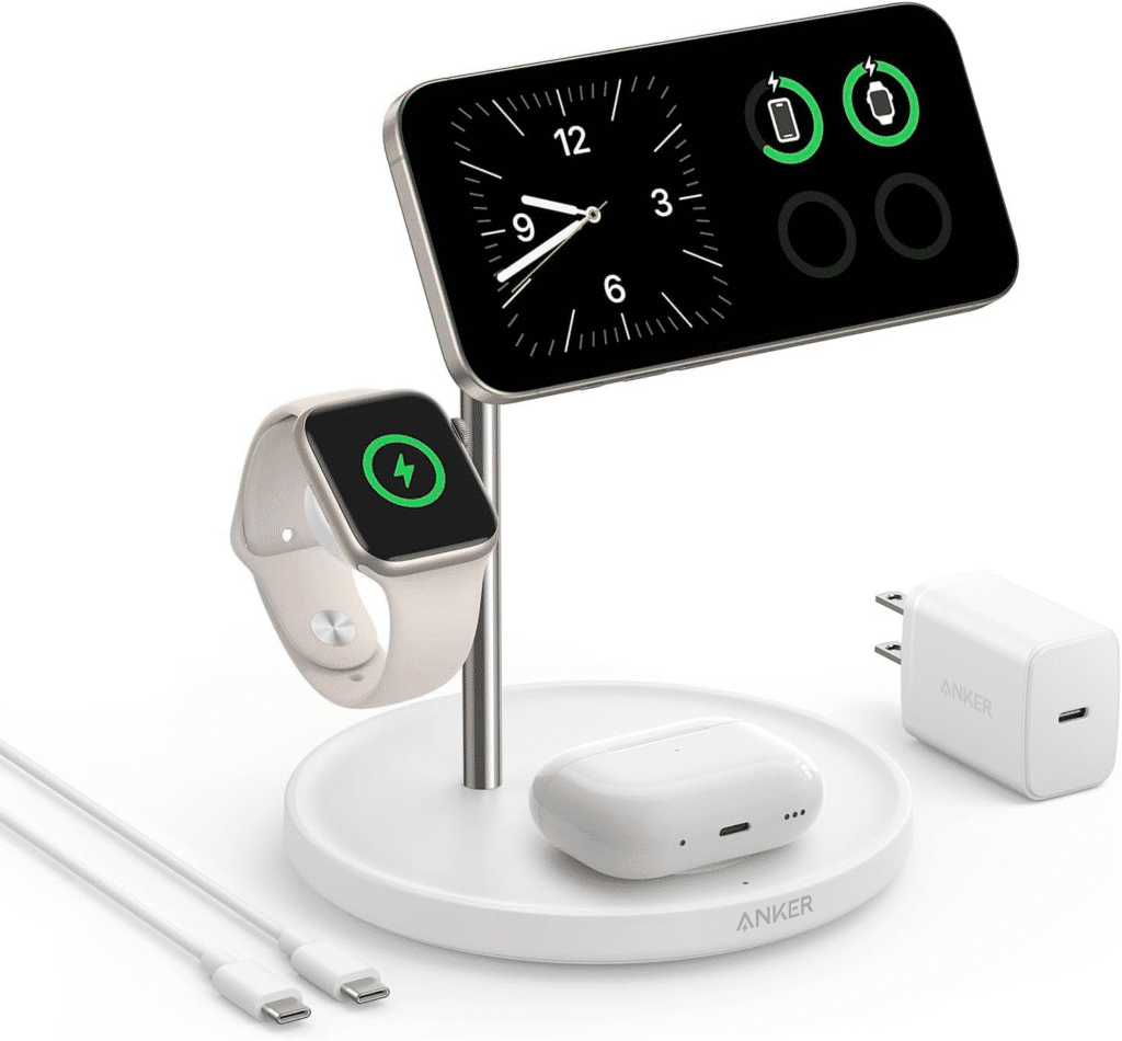 Anker 3-in-1 wireless charging dock powering a smartphone, smartwatch, and wireless earbuds simultaneously.